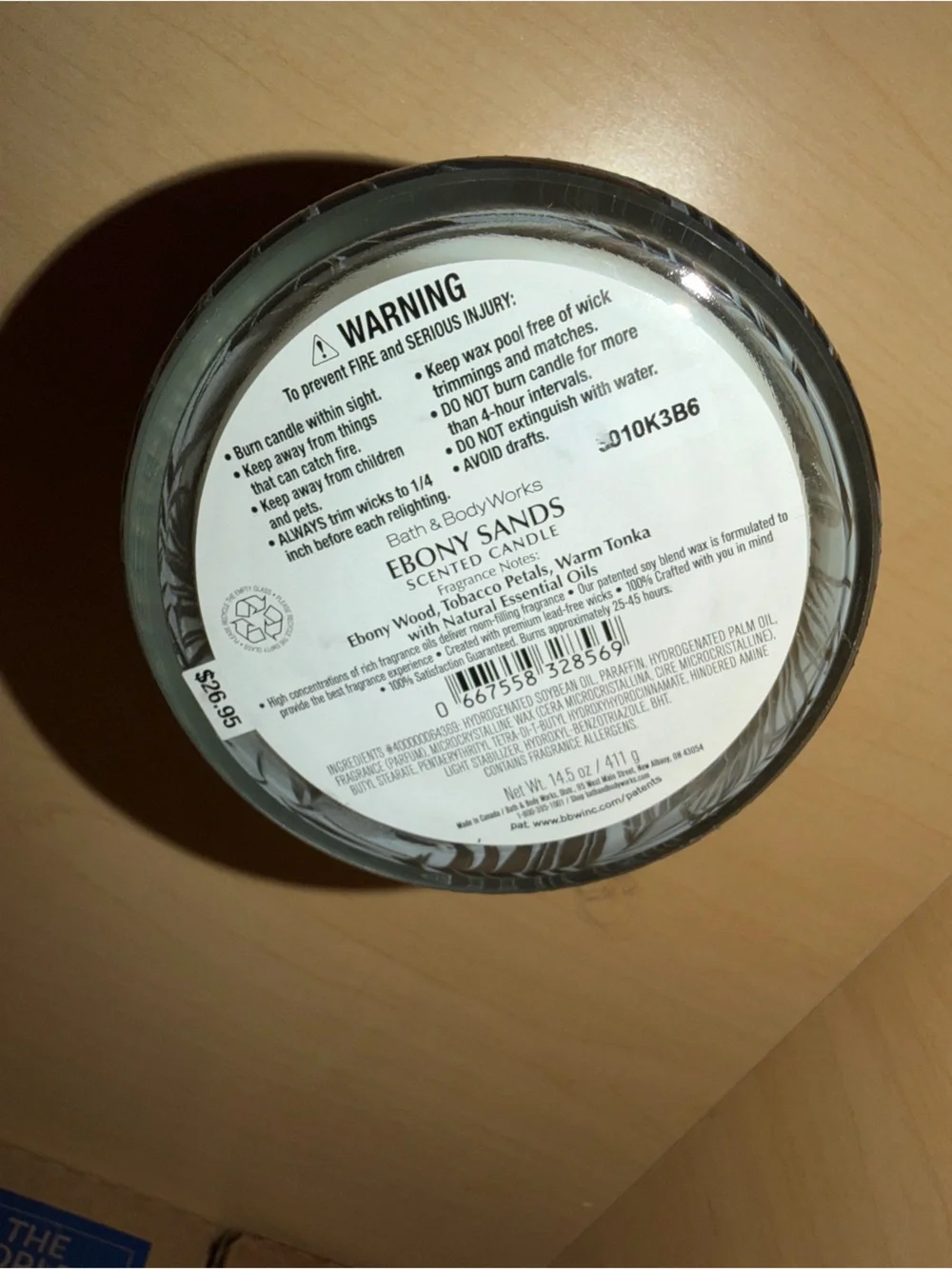 Bath & Body Works Ebony Sands Candle - Gold and Gray Leaf Design